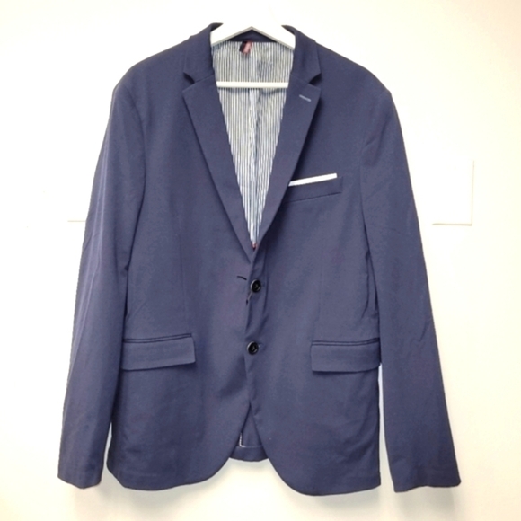 ZARA Man Navy Blue Slim Fit Blazer Jacket White Elbow Patch US Size 54 - Picture 7 of 16